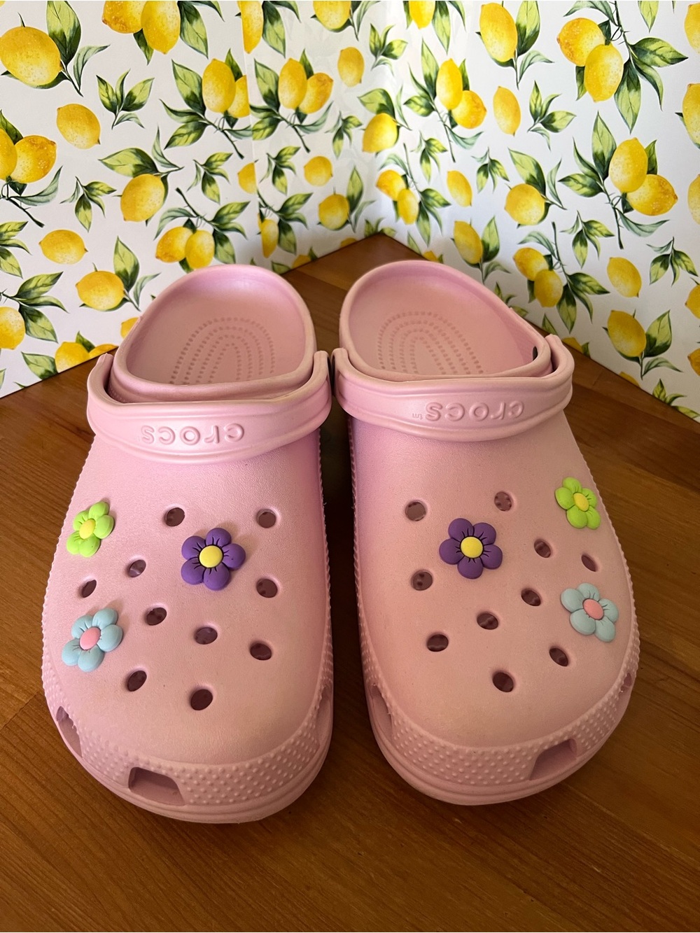 CROCS Women’s Pink Clogs with Colorful Flower Jibbitz Size 13